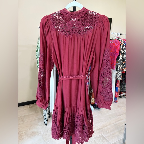 FARM Rio: Burgundy Long Sleeve Lace Detail Mini Dress - Picture 8 of 11